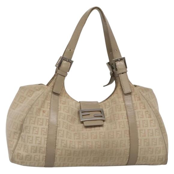 FENDI Zucchino Canvas Shoulder Bag Beige Silver - Picture 1 of 13